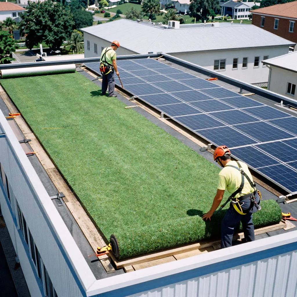 Takläggare som placerar dräneringsmatta
